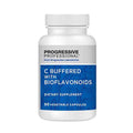 A white plastic bottle of Progressive Professional C Buffered with Bioflavonoids dietary supplement, featuring a white and blue label, on a solid white background.