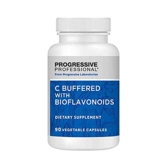 A white plastic bottle of Progressive Professional C Buffered with Bioflavonoids dietary supplement, featuring a white and blue label, on a solid white background.