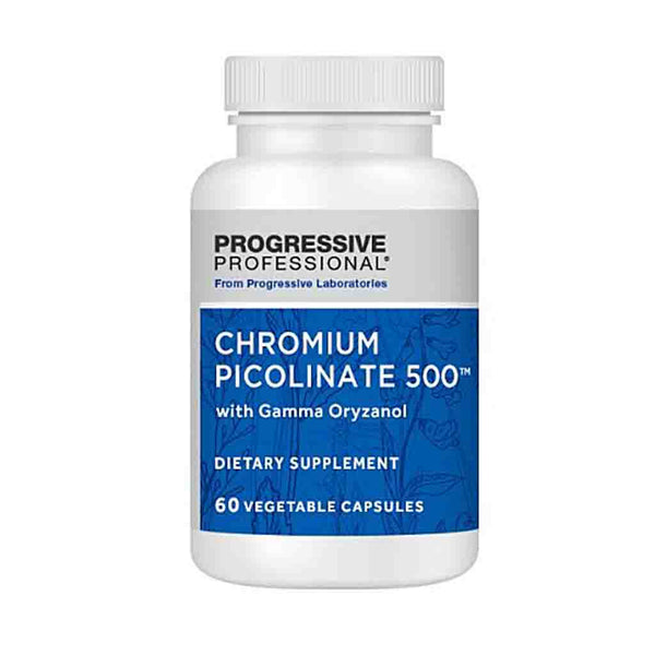 A white plastic bottle of Progressive Professional Chromium Picolinate 500 dietary supplement with a blue and white label, on a plain white background.