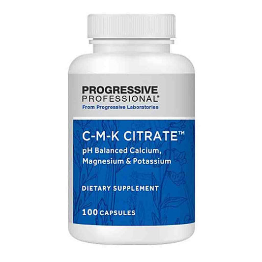 A white plastic bottle of Progressive Professional C-M-K Citrate dietary supplement with a blue and white label, on a plain white background.