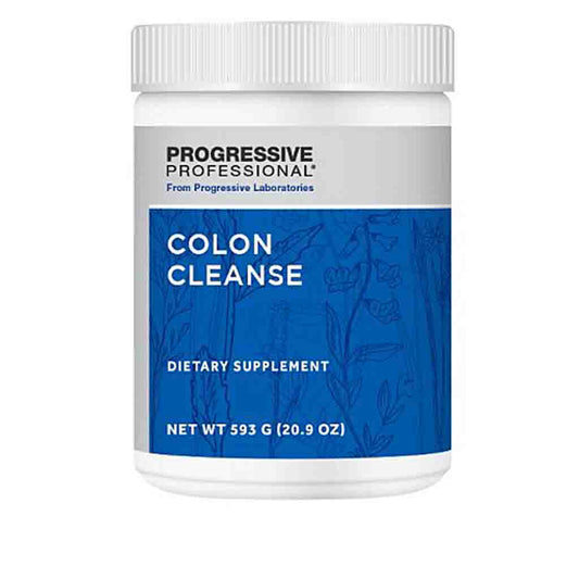 A white plastic bottle of Progressive Professional Colon Cleanse dietary supplement with a blue and white label, shown on a plain white background.