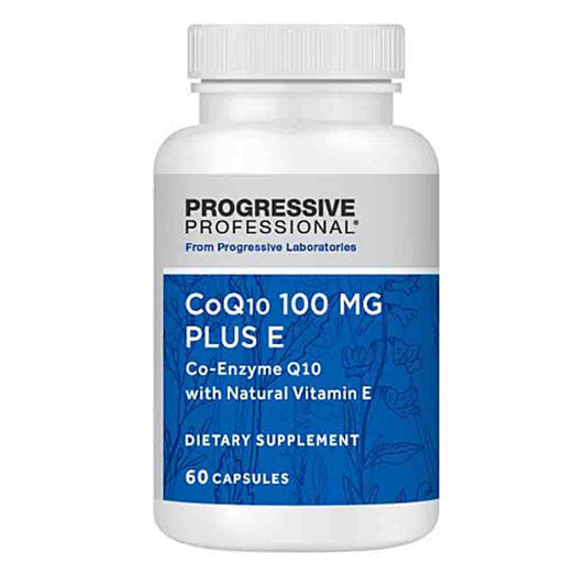 A white plastic bottle of Progressive Professional CoQ10 100 MG PLUS E dietary supplement with a blue and white label, on a solid white background.
