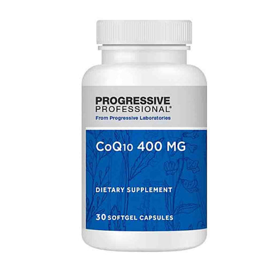 A white plastic bottle of Progressive Professional CoQ10 400 MG dietary supplement with a blue and white label, on a solid white background.