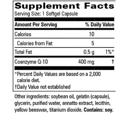 A Supplement Facts label for Coenzyme Q-10, showing serving size 1 softgel capsule and nutrition details including 400 mg of Coenzyme Q-10. The label lists other ingredients such as soybean oil, gelatin, glycerin, purified water, annatto extract, lecithin, yellow beeswax, and titanium dioxide, and notes 'Contains: soy.