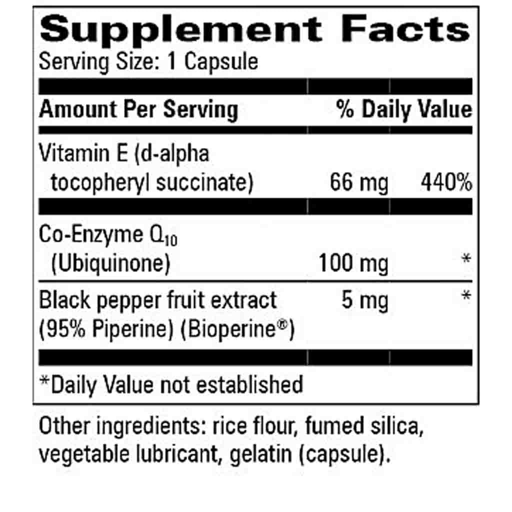 A black and white Supplement Facts label showing a capsule's ingredients, including Vitamin E, Co-Enzyme Q10, and Black pepper fruit extract, with a list of other ingredients at the bottom.