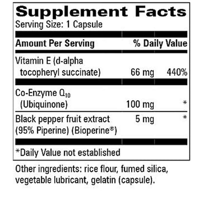 A black and white Supplement Facts label showing a capsule's ingredients, including Vitamin E, Co-Enzyme Q10, and Black pepper fruit extract, with a list of other ingredients at the bottom.