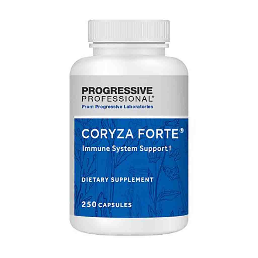 A white plastic bottle of Progressive Professional Coryza Forte Immune System Support dietary supplement with a blue and white label, containing 250 capsules.