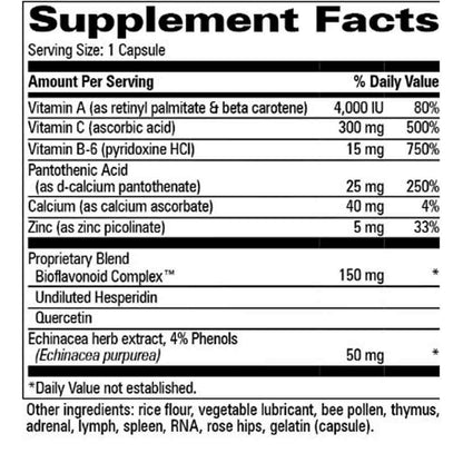 A close-up of a supplement facts label showing a supplement blend with listed ingredients and daily value percentages, including Vitamin A, Vitamin C, Vitamin B6, Pantothenic Acid, Calcium, Zinc, and Echinacea herb extract.