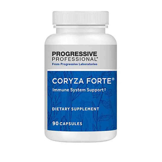 A white plastic bottle of Progressive Professional Coryza Forte Immune System Support dietary supplement with a blue and white label, containing 90 capsules.