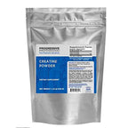 A silver stand-up pouch of Progressive Professional Creatine Powder dietary supplement, featuring a blue and white label on a plain white background.