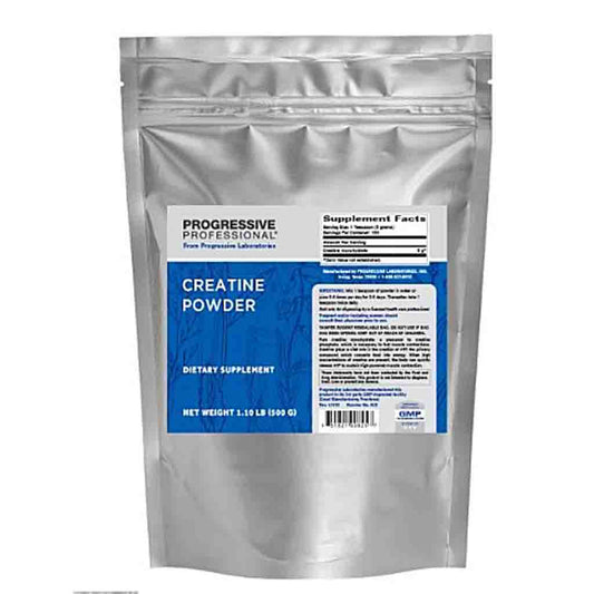 A silver stand-up pouch of Progressive Professional Creatine Powder dietary supplement, featuring a blue and white label on a plain white background.
