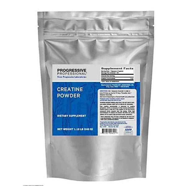 A silver stand-up pouch of Progressive Professional Creatine Powder dietary supplement, featuring a blue and white label on a plain white background.