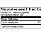 A Supplement Facts label showing creatine monohydrate information, including serving size of 1 teaspoon (5 grams), servings per container of 100, and daily value not established.
