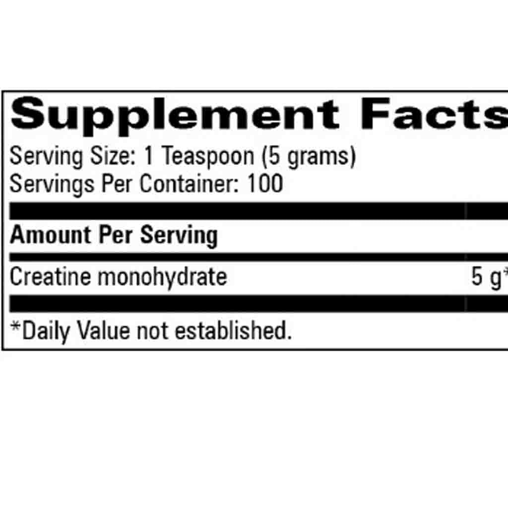 A Supplement Facts label showing creatine monohydrate information, including serving size of 1 teaspoon (5 grams), servings per container of 100, and daily value not established.