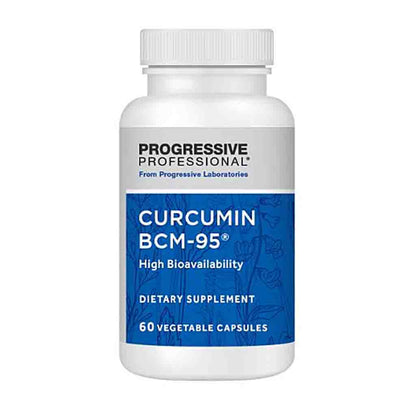 A white plastic bottle of Progressive Professional Curcumin BCM-95 dietary supplement with a blue and white label, on a plain white background.
