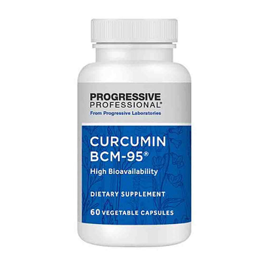 A white plastic bottle of Progressive Professional Curcumin BCM-95 dietary supplement with a blue and white label, on a plain white background.
