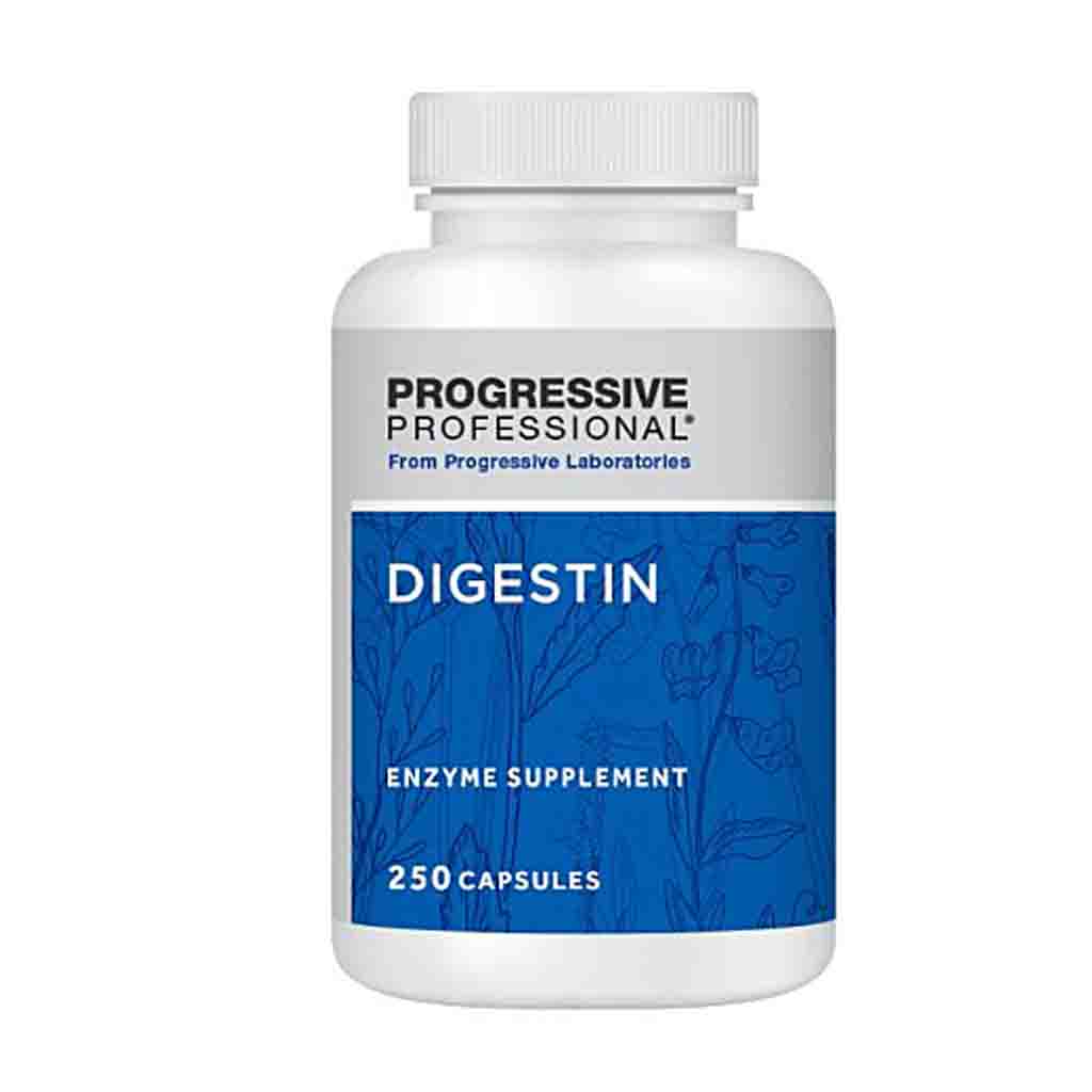 A white plastic bottle of Progressive Professional Digestin enzyme supplement with a blue and white label, containing 250 capsules.