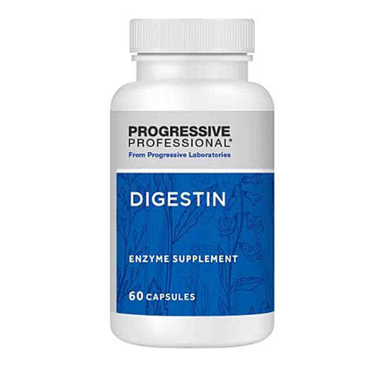A white plastic bottle of Progressive Professional Digestin enzyme supplement with a blue and white label, containing 60 capsules.
