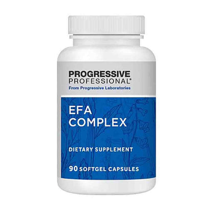 A white plastic bottle of Progressive Professional EFA Complex dietary supplement with a blue label, shown on a plain white background.