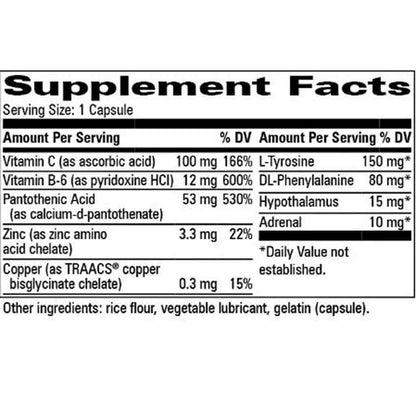 A black and white Supplement Facts label showing dosage information for a dietary supplement capsule, including Vitamin C, Vitamin B6, Pantothenic Acid, Zinc, Copper, L-Tyrosine, DL-Phenylalanine, Hypothalamus, and Adrenal.