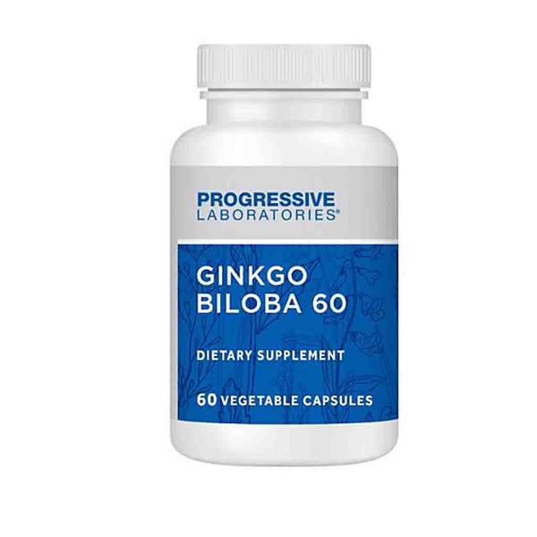 A white plastic bottle of Progressive Laboratories Ginkgo Biloba 60 dietary supplement with a blue and white label, on a solid white background.