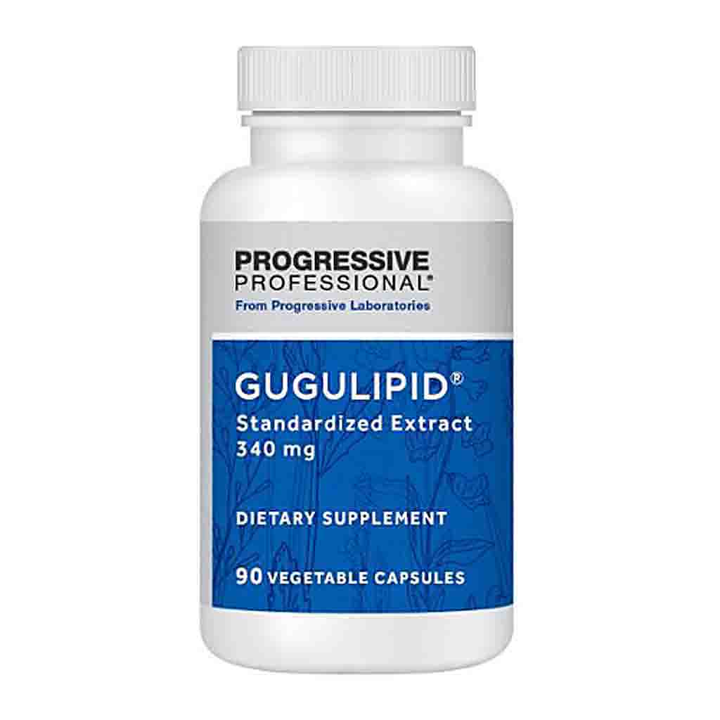 A white plastic bottle of Progressive Professional Gugulipid Standardized Extract 340 mg dietary supplement, featuring a blue and white label with 90 vegetable capsules.