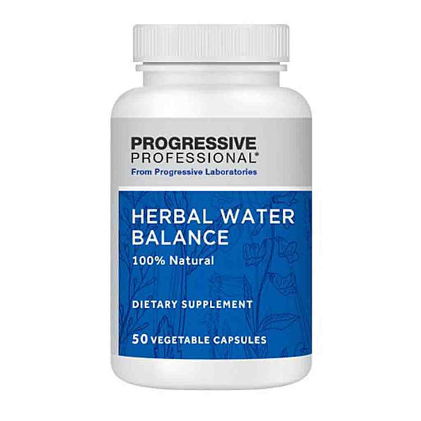 A white plastic bottle of Progressive Professional Herbal Water Balance dietary supplement with a blue and white label, on a plain white background.