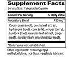 A Supplement Facts label showing a proprietary blend of 430 mg, made from couch grass, buchu leaf extract, hydrangea, corn, juniper, berry, burdock, uva ursi, ginger, parsley, and marshmallow. The label lists other ingredients including hydroxypropyl methylcellulose and rice flour.
