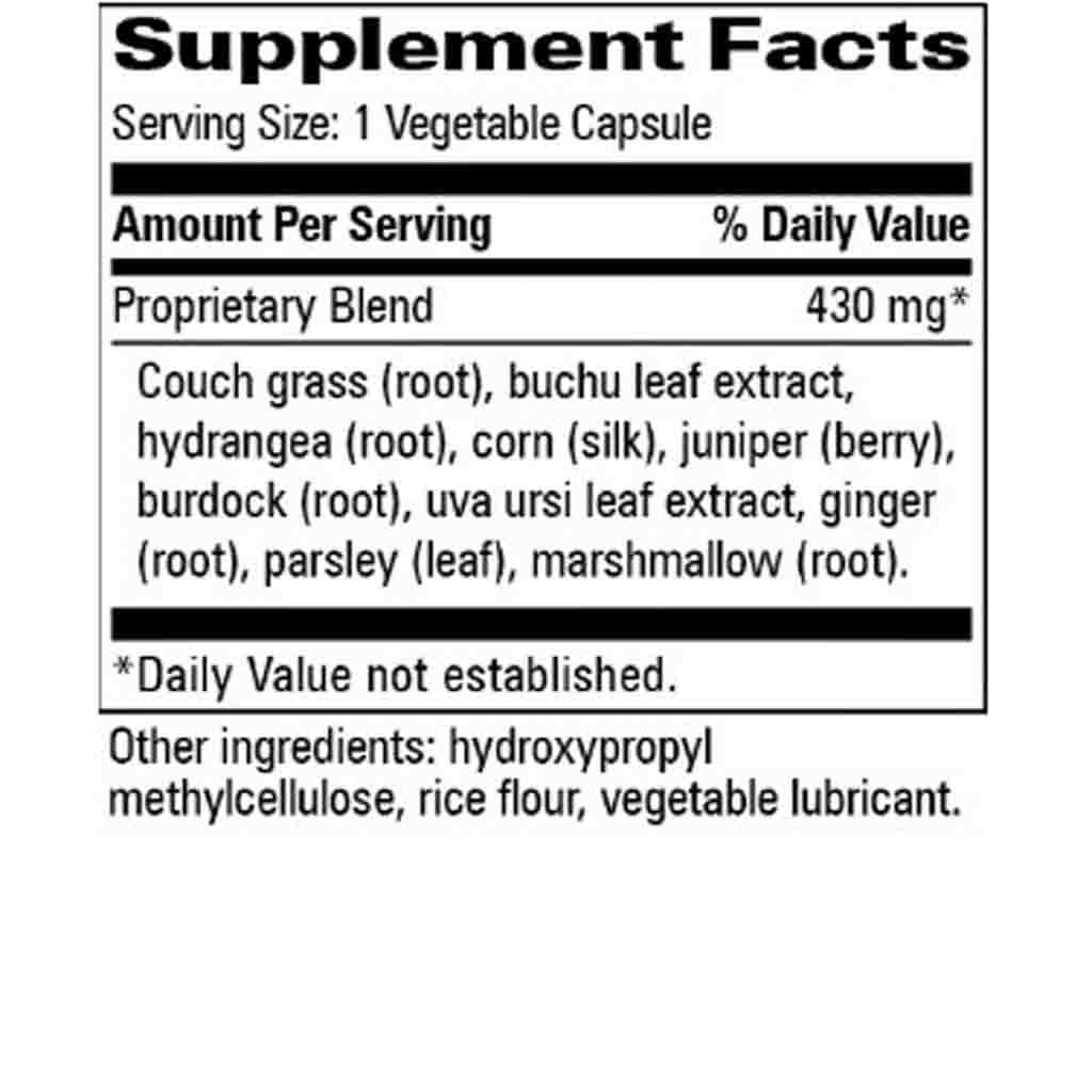 A Supplement Facts label showing a proprietary blend of 430 mg, made from couch grass, buchu leaf extract, hydrangea, corn, juniper, berry, burdock, uva ursi, ginger, parsley, and marshmallow. The label lists other ingredients including hydroxypropyl methylcellulose and rice flour.