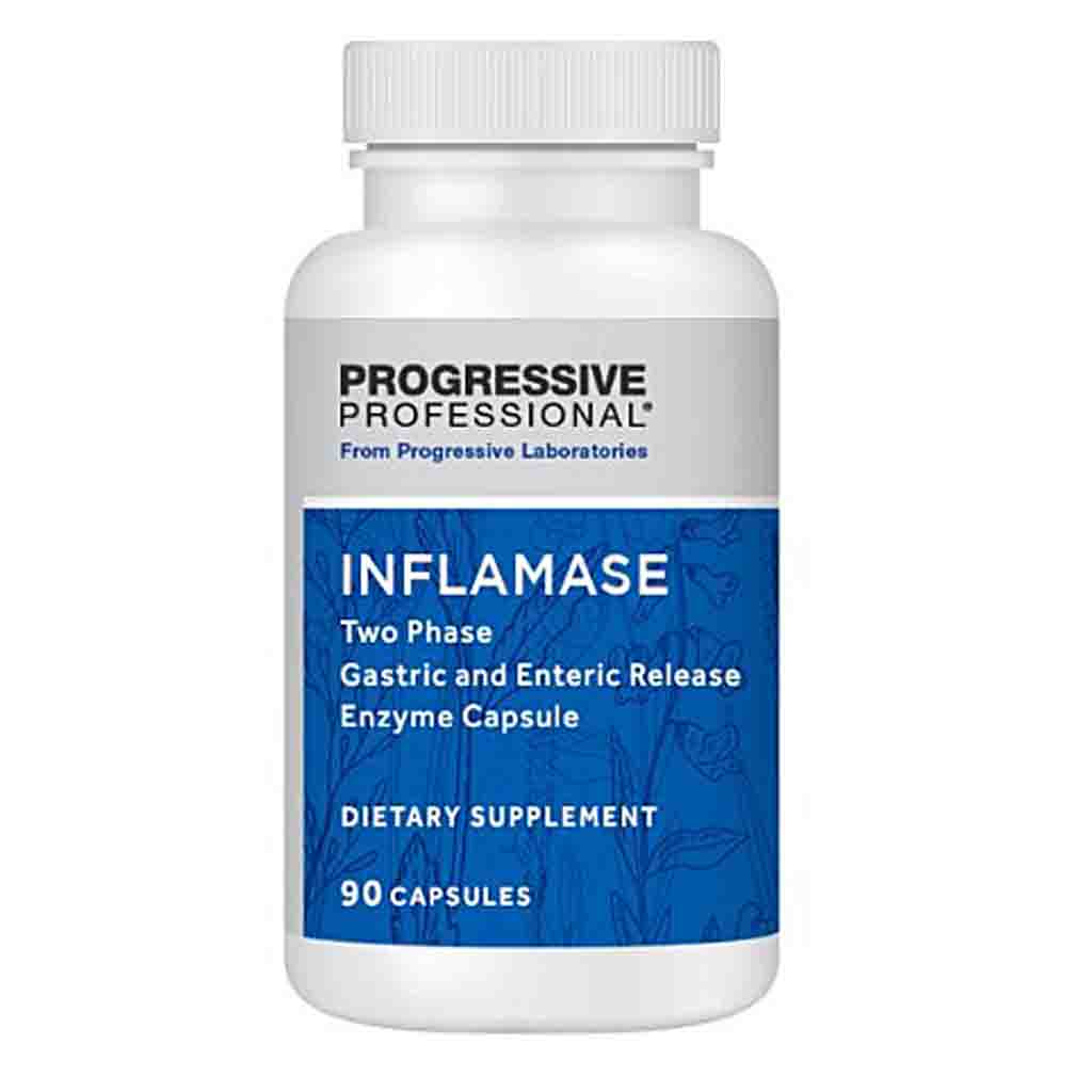 A white plastic bottle of Progressive Professional Inflamase dietary supplement with a blue and white label, containing 90 capsules.