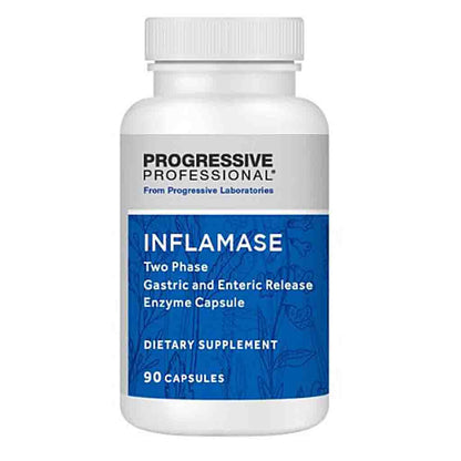A white plastic bottle of Progressive Professional Inflamase dietary supplement with a blue and white label, containing 90 capsules.