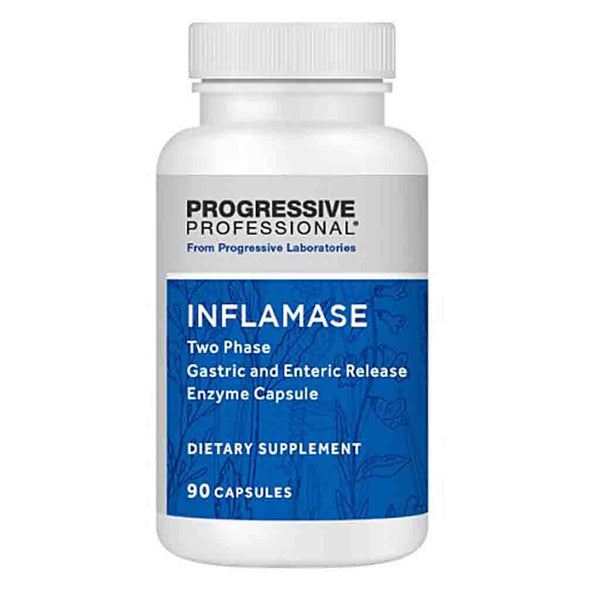 A white plastic bottle of Progressive Professional Inflamase dietary supplement with a blue and white label, containing 90 capsules.