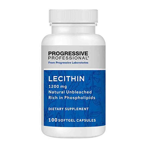 A white plastic bottle of Progressive Professional Lecithin dietary supplement with a blue and white label, containing 100 softgel capsules.
