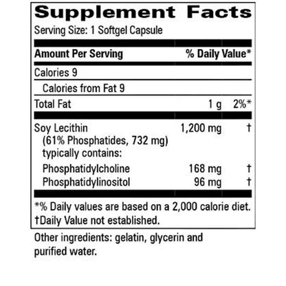 A Supplement Facts nutrition label for a dietary supplement, showing serving size 1 softgel capsule and details for soy lecithin and its breakdown components, with other ingredients listed below on a white background.