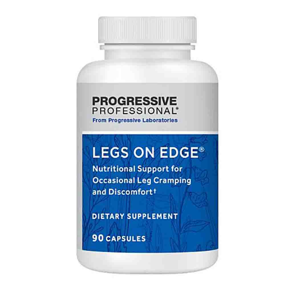 A white plastic bottle of Progressive Professional Legs On Edge dietary supplement with a blue and white label, on a plain white background.