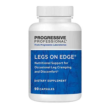 A white plastic bottle of Progressive Professional Legs On Edge dietary supplement with a blue and white label, on a plain white background.