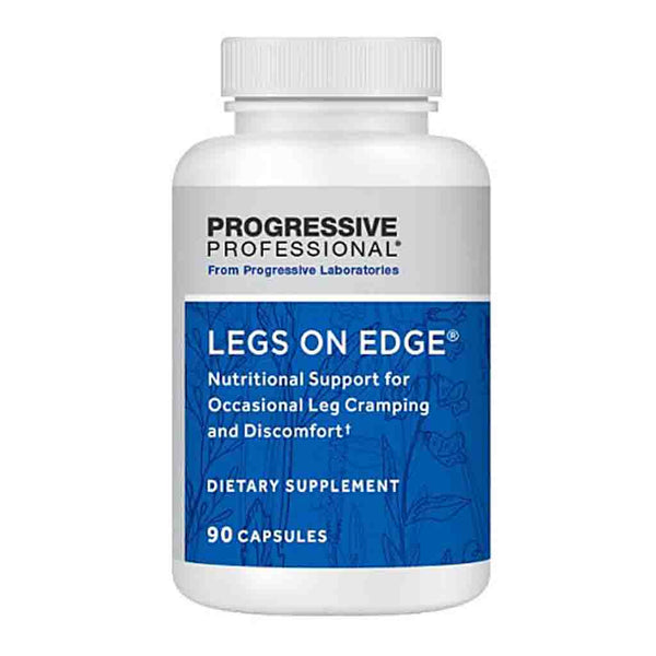 A white plastic bottle of Progressive Professional Legs On Edge dietary supplement with a blue and white label, on a plain white background.