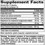 A close-up of a supplement facts label showing a black-and-white table with nutrients such as folate, calcium, iron, magnesium, and potassium, plus a warning about accidental overdose.
