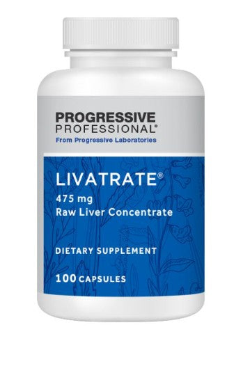A white plastic bottle of Progressive Professional Livatrate 475 mg Raw Liver Concentrate dietary supplement, containing 100 capsules, shown on a plain white background.
