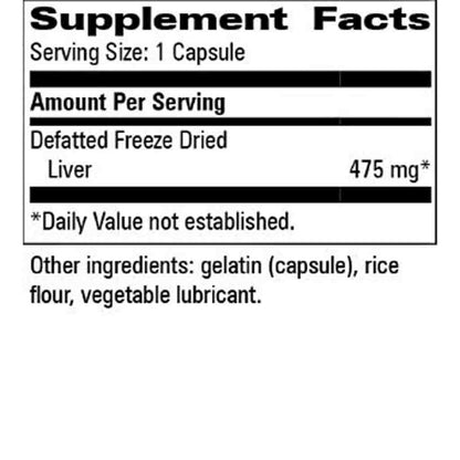 A Supplement Facts label showing serving size 1 capsule, with defatted freeze dried liver at 475 mg, and other ingredients listed as gelatin, rice flour, and vegetable lubricant on a white background.
