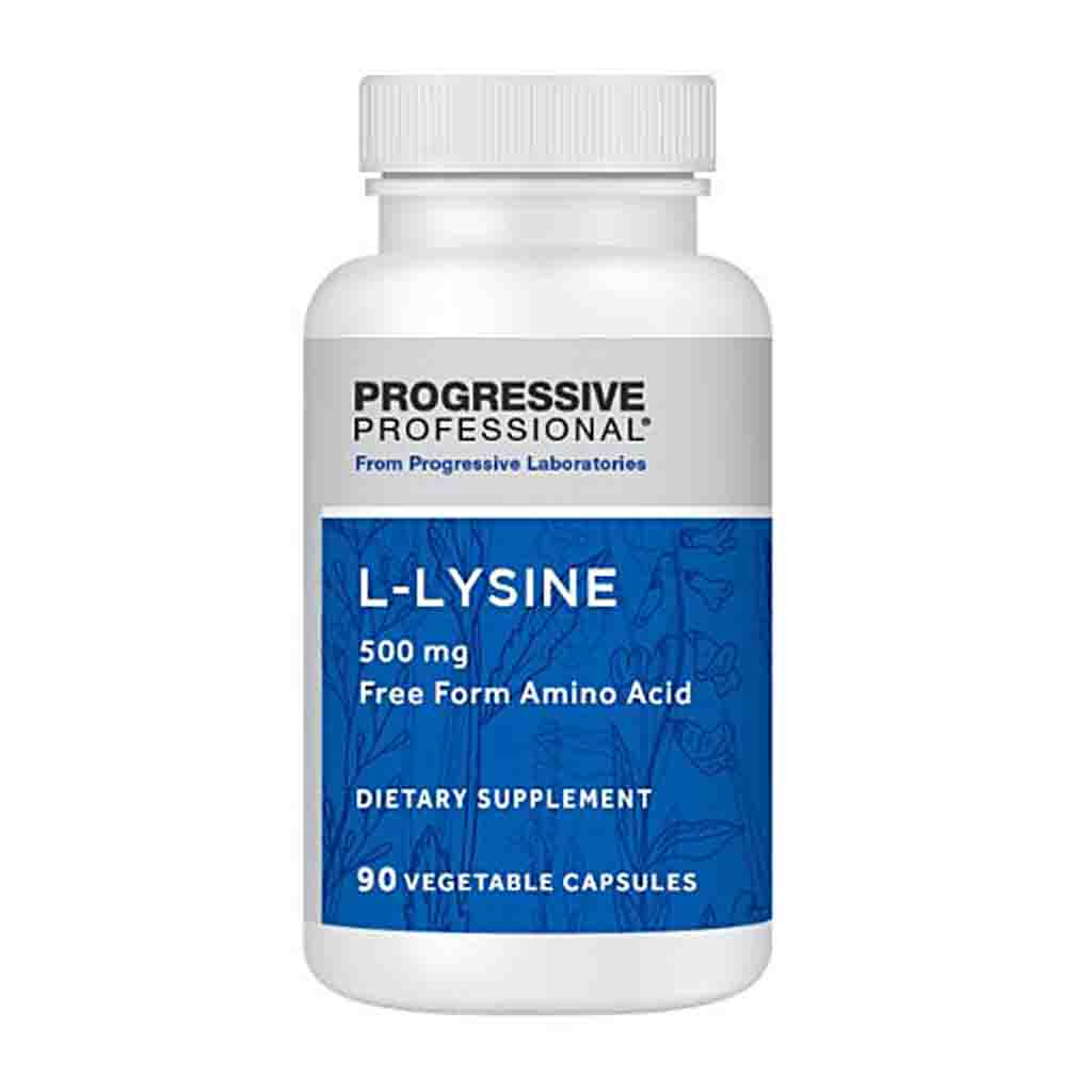 A white plastic bottle of Progressive Professional L-Lysine 500 mg dietary supplement with a blue and white label, containing 90 vegetable capsules.