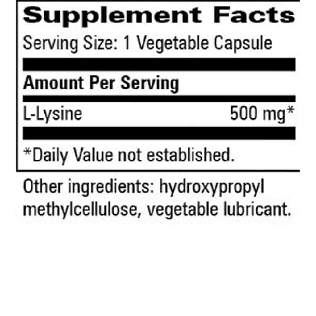 A close-up of a supplement facts label showing 'Supplement Facts' for L-Lysine 500 mg, with serving size 1 vegetable capsule and other ingredients listed below.
