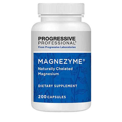 A white plastic bottle of Progressive Professional Magnesyme dietary supplement with a blue and white label, containing 200 capsules.