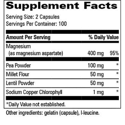 A close-up of a supplement facts label showing magnesium 400 mg and 95% daily value, along with pea powder 100 mg, millet flour 50 mg, lentil powder 50 mg, and sodium copper chlorophyll 1 mg. Other ingredients listed include gelatin, capsule, and L-leucine.