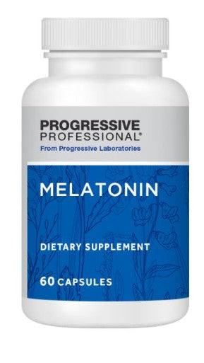 A white plastic bottle of Progressive Professional Melatonin dietary supplement with a blue and gray label, containing 60 capsules.