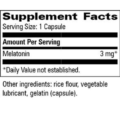 A close-up of a supplement facts label showing Melatonin 3 mg, with serving size 1 capsule and other ingredients listed as rice flour, vegetable lubricant, and gelatin (capsule) on a white background.