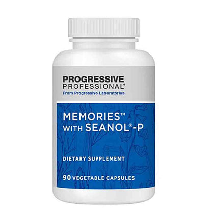 A white plastic bottle of Progressive Professional Memories with Seanol-P dietary supplement, featuring a blue and white label, on a solid white background.