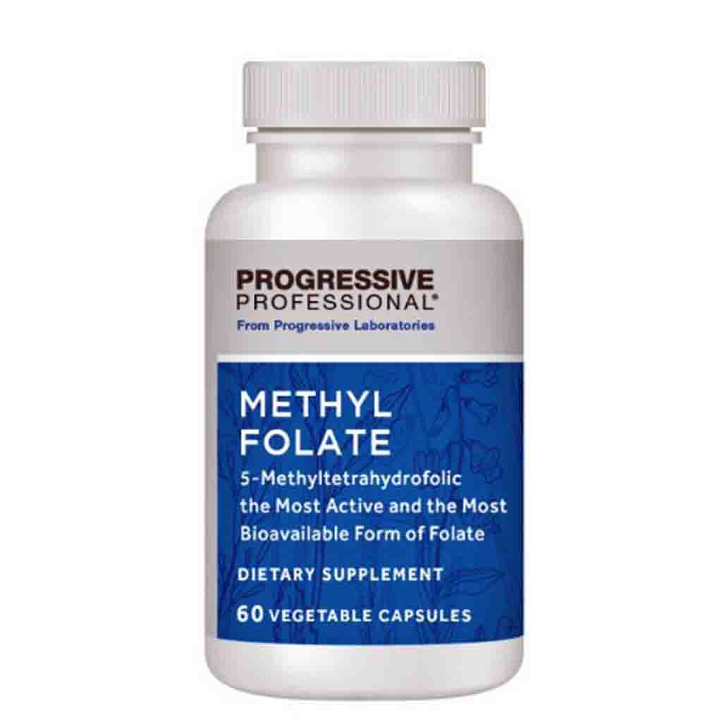 A white plastic bottle of Progressive Professional Methyl Folate dietary supplement with a blue and white label, containing 60 vegetable capsules.