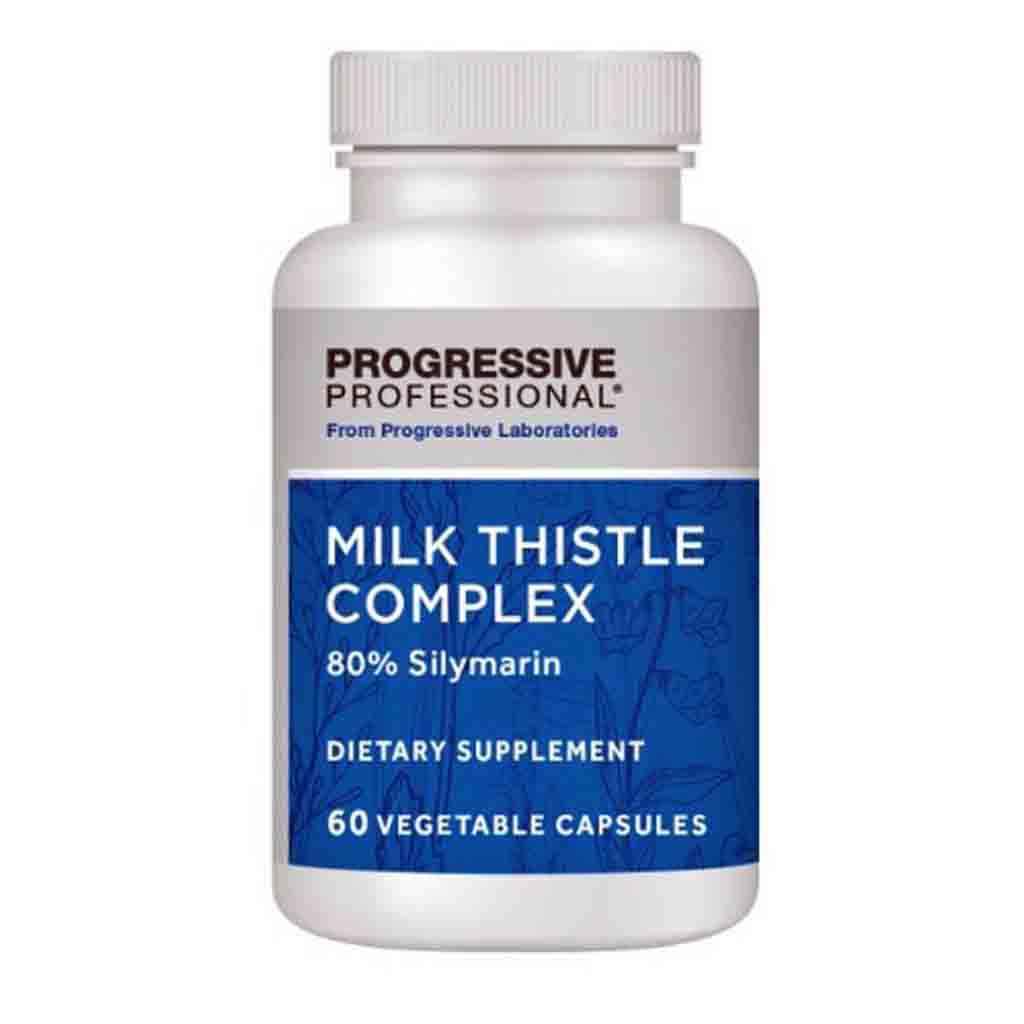 A white plastic bottle of Progressive Professional Milk Thistle Complex dietary supplement with a blue and white label, on a solid white background.