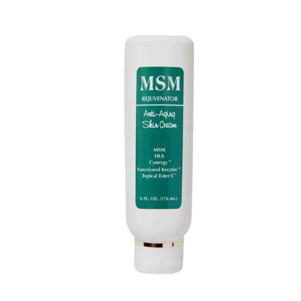 A white squeeze tube of MSM Rejuvenator Anti-Aging Skin Cream with a green label and a gold accent ring near the cap, set against a plain white background.